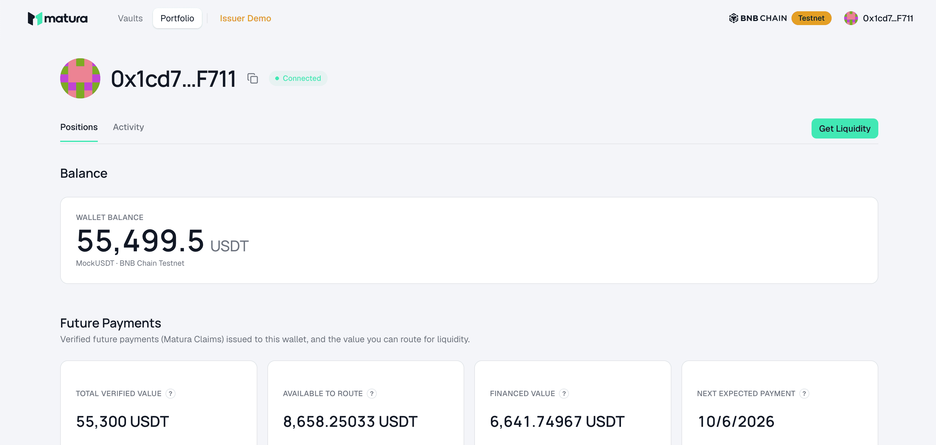 Portfolio Positions — wallet balance and a summary of your verified future payments.