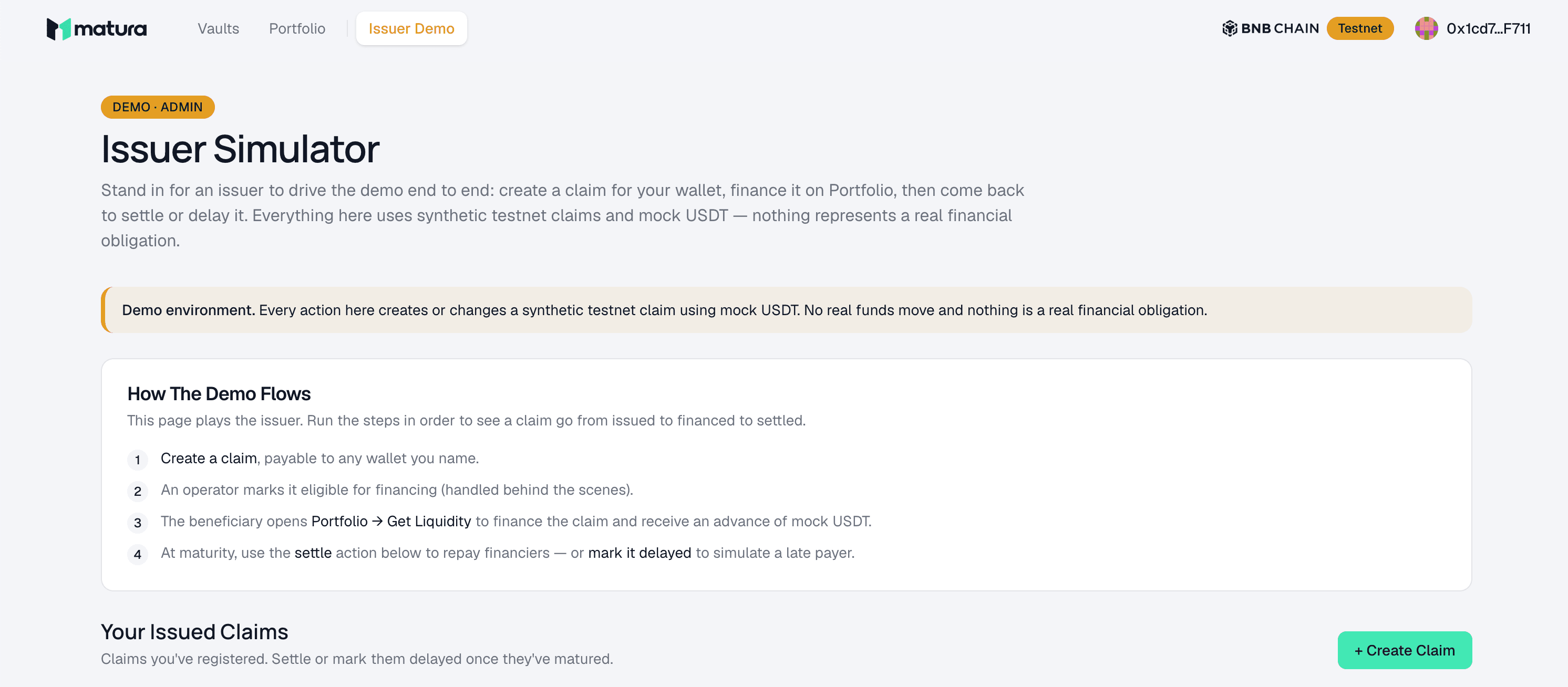 The Issuer Simulator — stand in for an issuer to drive the demo from issued to financed to settled.